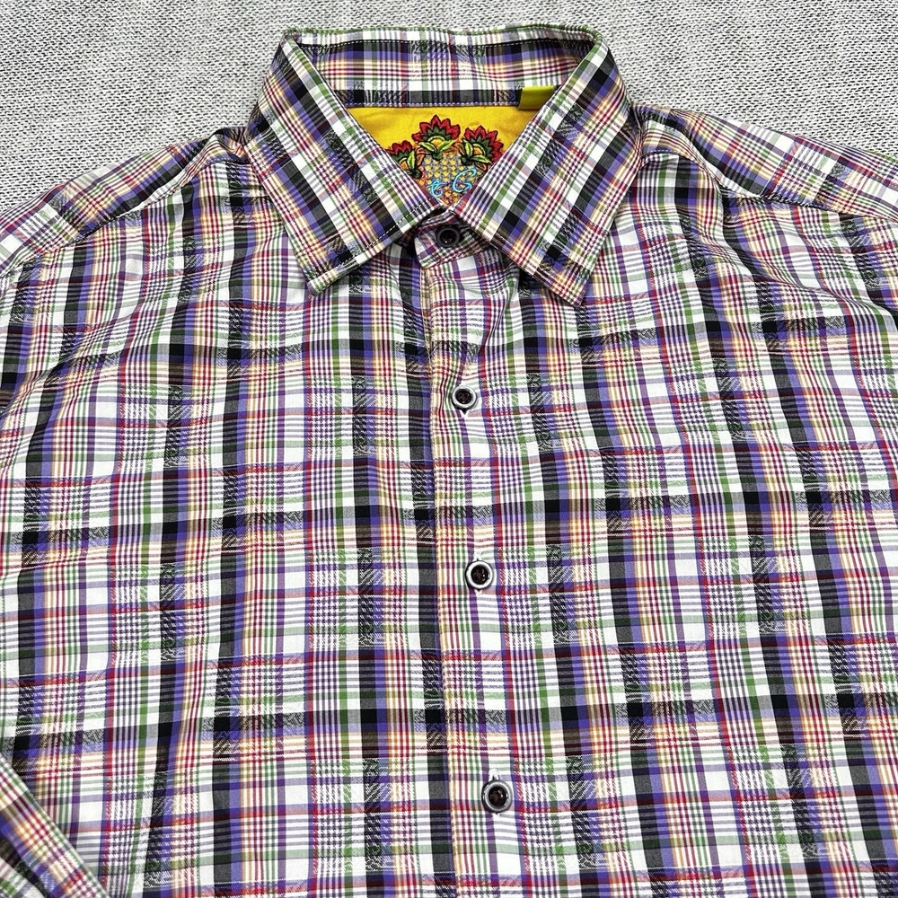 Robert Graham Shirt Mens Large Button Up Flip Cuff Silk Blend Plaid Tailored Fit